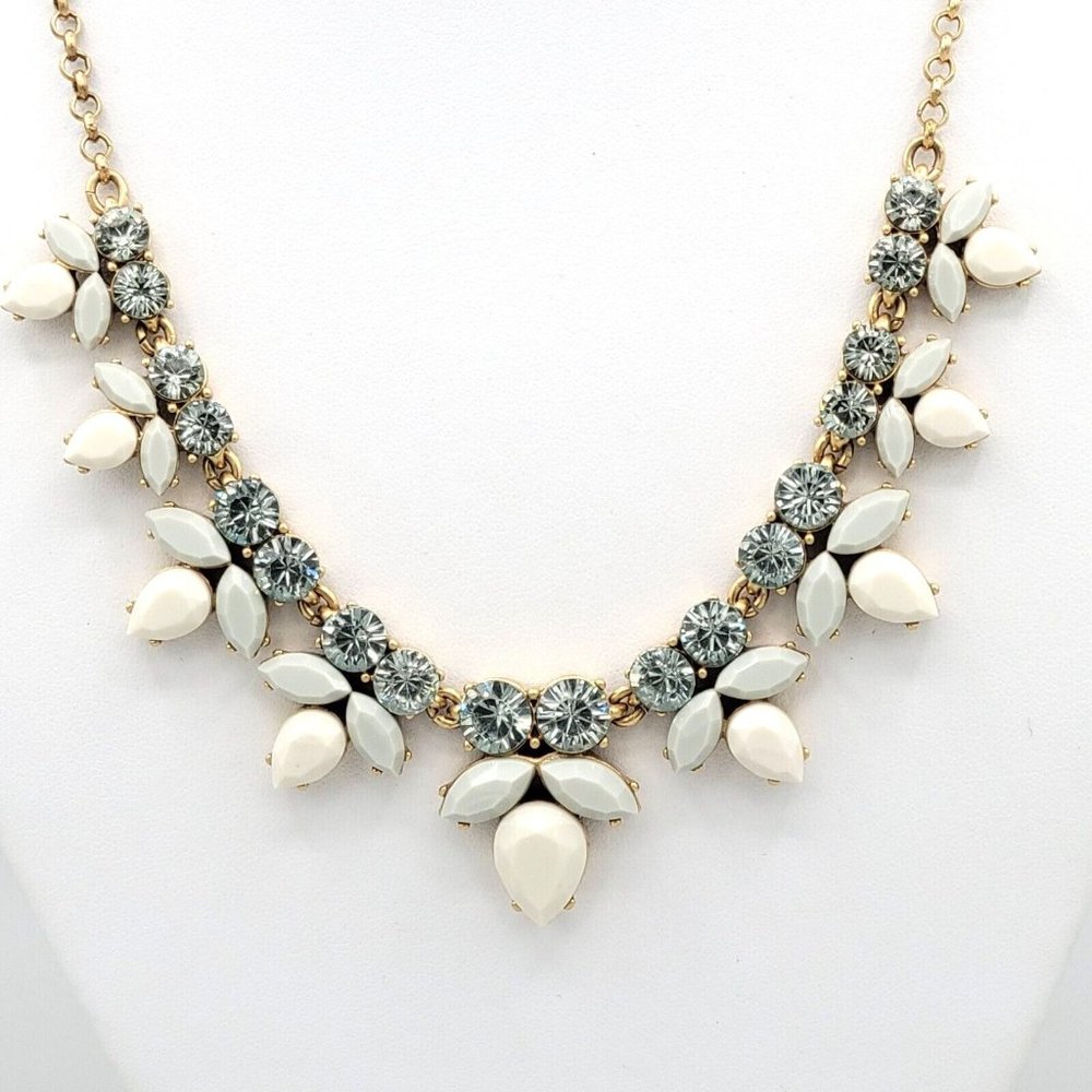 J Crew Womens Blue Rhinestone White Bead Necklace Gold Tone Round Link Chain